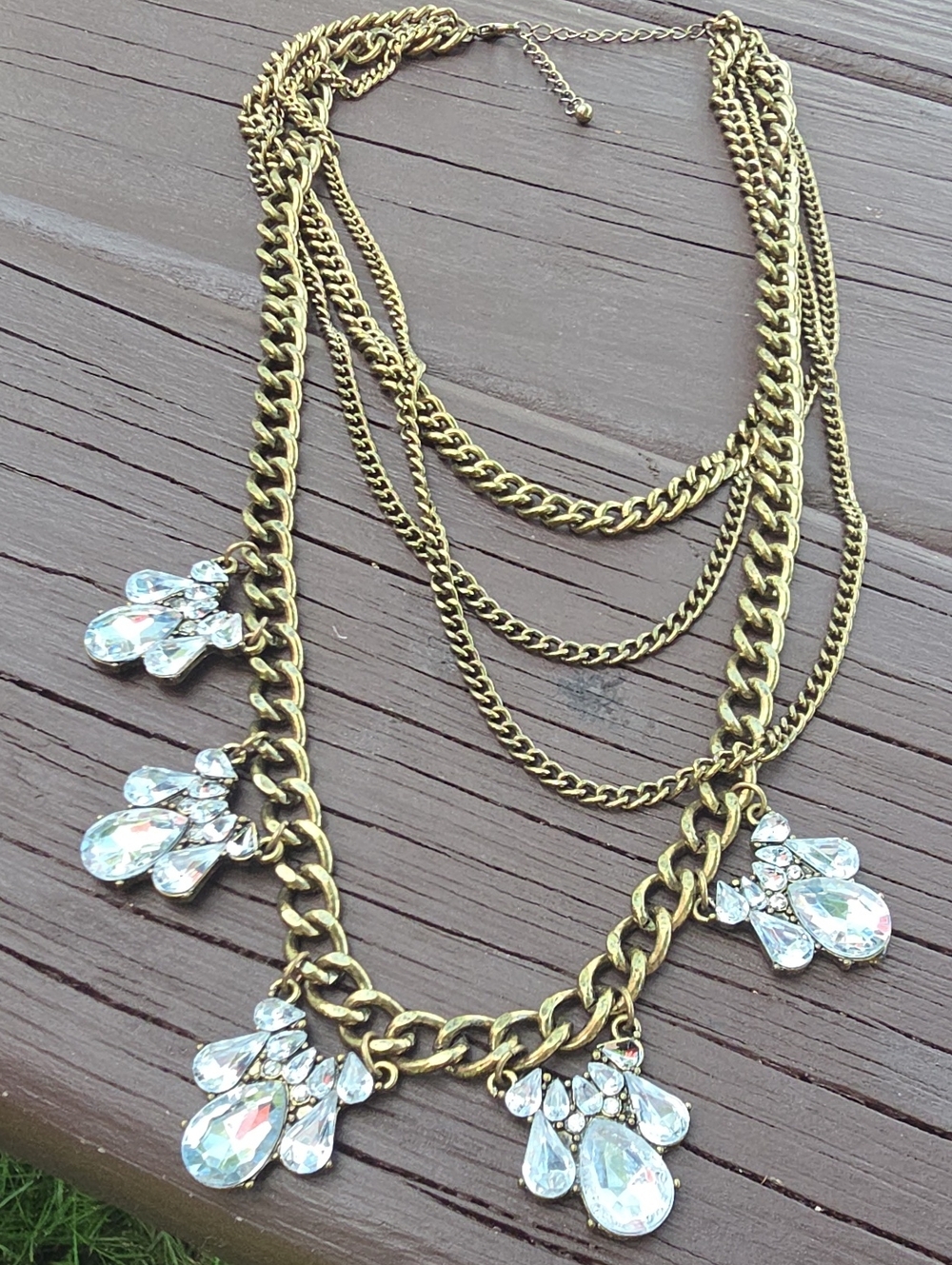 Multi-Strand Gold Statement Necklace with Clear Crystal Drops, Vintage 90s